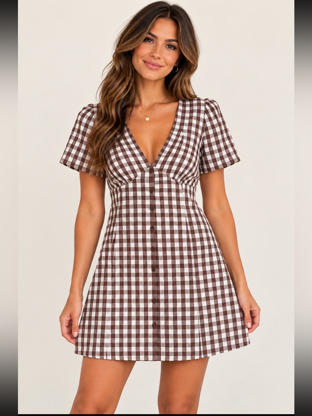 Justify Brown White Gingham Mini Dress Puff Sleeve Cottagecore NWT Size Medium.🐻